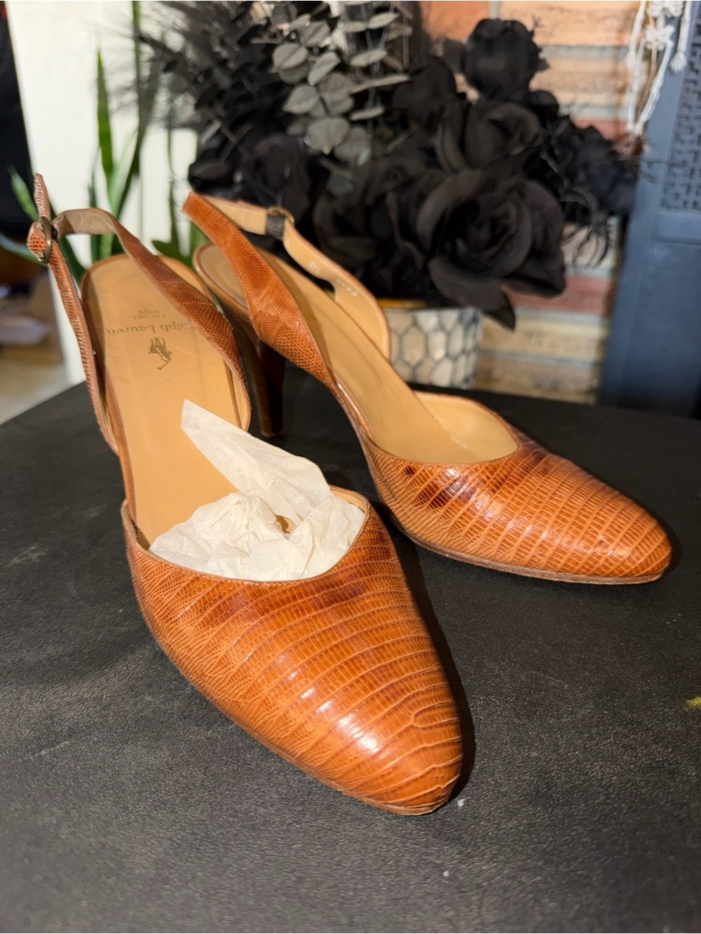 Vintage Ralph Lauren Brown Leather Slingback almond Toe Stiletto Buckle Heels 7